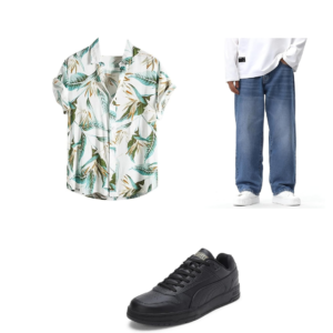 Urban Trio: Blue Jeans, Black Shoes & Printed Shirt Set